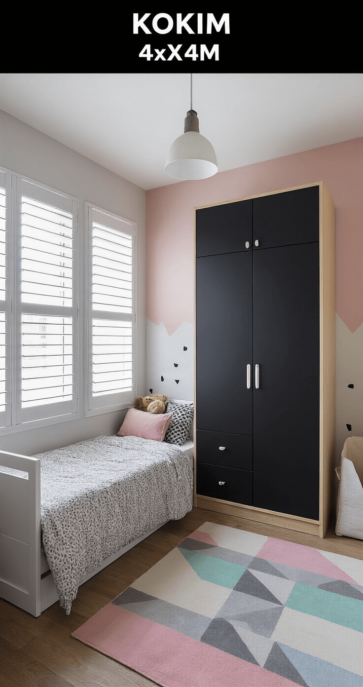 Compacte hoekbabykamer van 4x4m met middaglicht door witte shutters, een zwart modulair ledikant tegen een accentmuur, multifunctionele zwarte opbergunits, een grafische muurschildering in pasteltinten, en een geometrisch vloerkleed, gefotografeerd vanuit een hoek richting de ramen met een speelse en praktische sfeer.