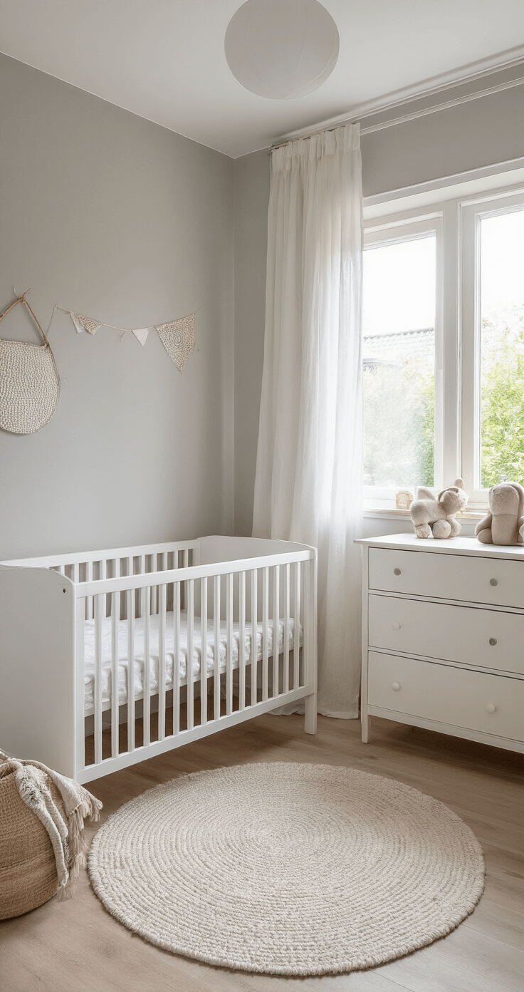 Een serene en luchtige babykamer van 4x4m met een wit Scandinavisch ledikant, grote ramen met doorzichtige linnen gordijnen, een lichthouten commode, geometrisch behang en gevlochten opbergmanden.