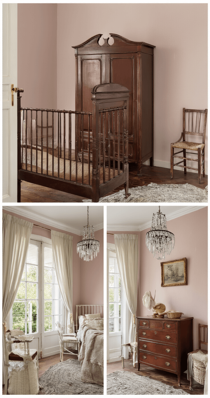 Intieme vintage babykamer met donkerbruin ledikant, antieke mahoniehouten commode, kroonluchter, poederroze muren en Franse deuren met kanten gordijnen.