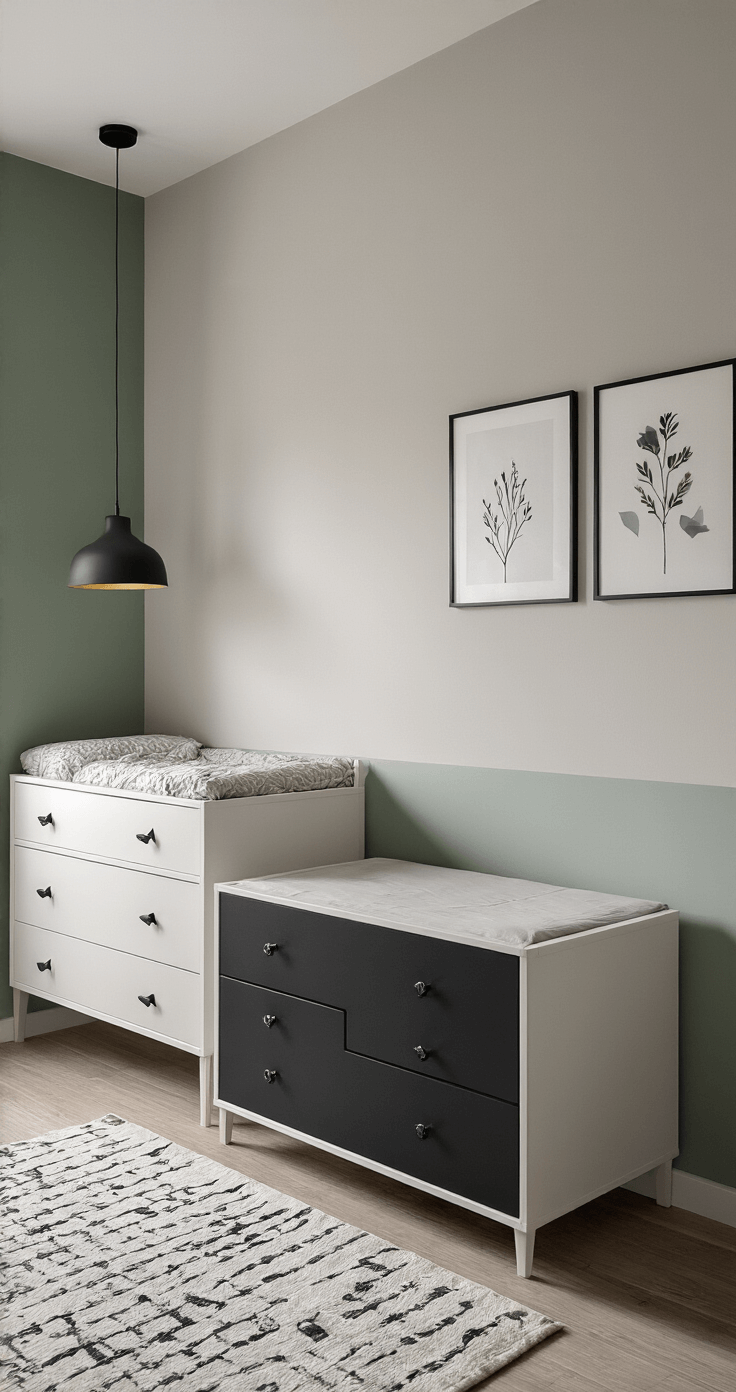 Moderne L-vormige babykamer in gedempte namiddagzon met wit ledikant tegen een sage groene accent muur, zwevende essenfineer planken met LED-verlichting, multifunctionele mat zwarte commode met geometrische handgrepen, zwart-wit vloerkleed met abstracte patronen, en decoratieve elementen zoals een designlamp en botanische prints, gefotografeerd vanuit een verhoogd standpunt.