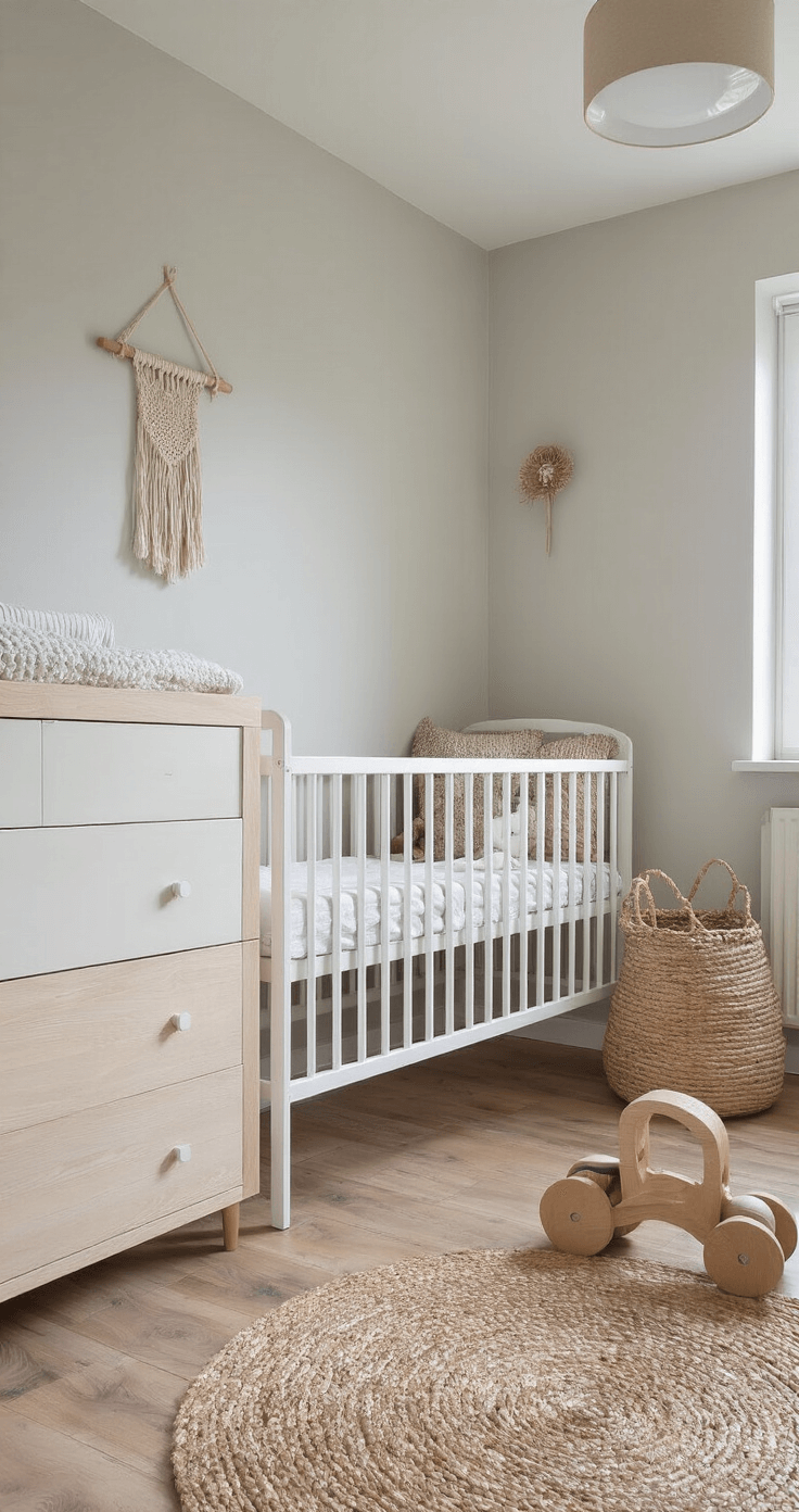 Knusse Scandinavische babykamer met een berken ledikant tegen een lichtgrijze muur, een wandrek van naturel hout, een ronde commode, geoliede eikenhouten vloer met een juten vloerkleed, en decoratieve details zoals macramé wandhanger en houten speelgoedboog, vastgelegd in warm ochtendlicht.