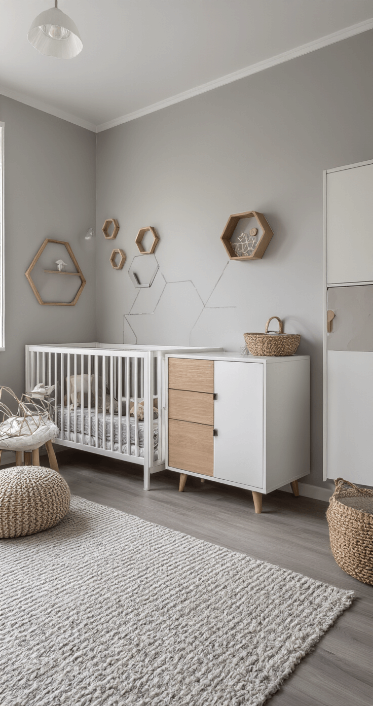 Ruime moderne hoekbabykamer met grijs-wit ledikant, hoge ramen, modulaire wandkasten en hexagon wandtegels in pasteltinten, gefotografeerd in avondzon voor een eigentijdse uitstraling.