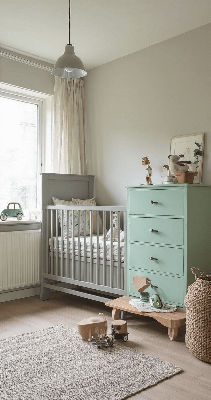 Charmante babykamer met vintage-moderne fusion, grijs klassiek ledikant, vergrijsde mintgroene commode, visgraat parketvloer en retro details.