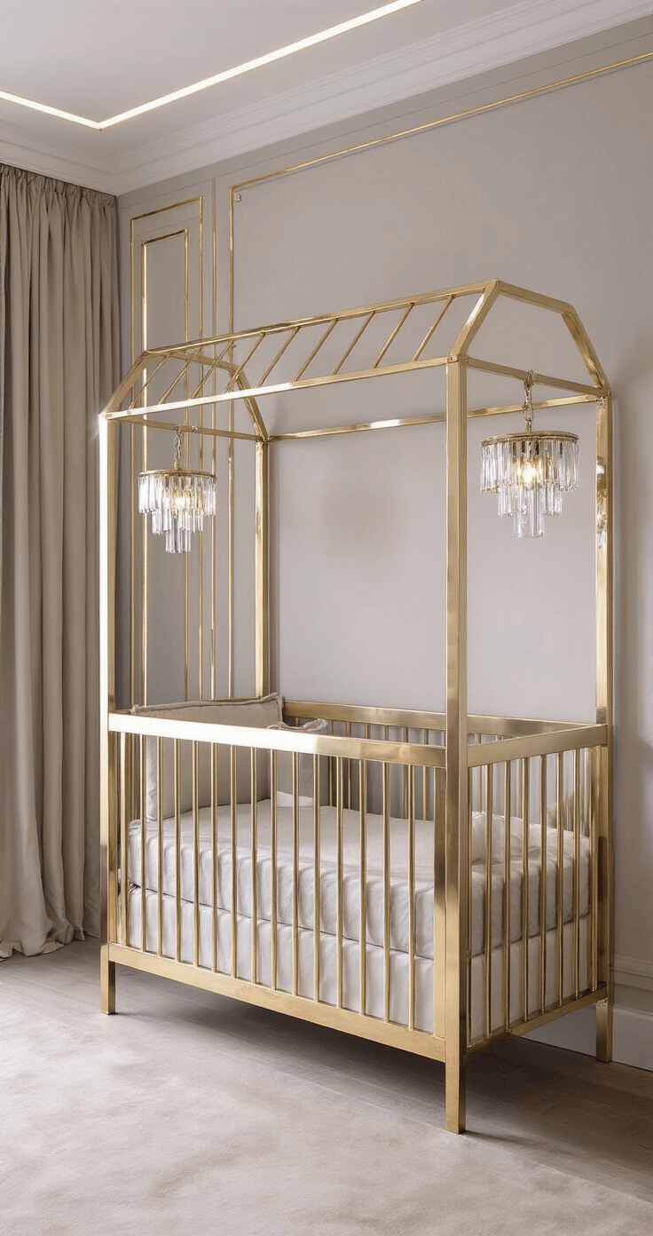 Compacte luxe babykamer met champagnekleurig metalen ledikant, marmerlook commode, fluwelen gordijnen in diep blauw en elegante kroonlijsten met LED-verlichting. Verfijnde details zoals kristallen wandappliques, zijden vloerkleed en vergulde spiegellijsten in gefilterd daglicht.