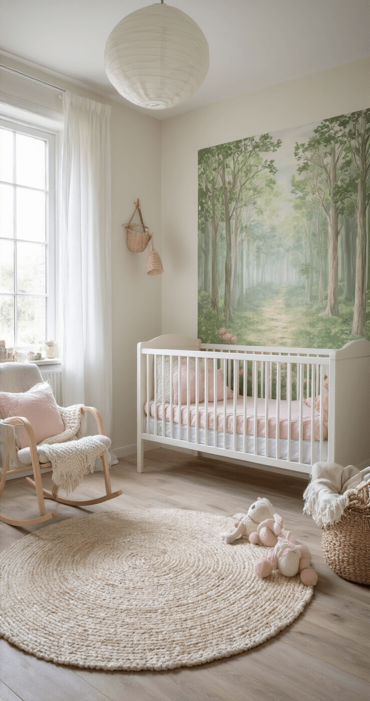 Ruime, lichte babykamer met wit houten ledikantje, roze/mint bedtextiel, dromerige boswandeling muursticker, schommelstoel, vintage ladekast met naamletters 'SOPHIE', en opbergmanden met dierenprint, gefotografeerd bij gouden uur.