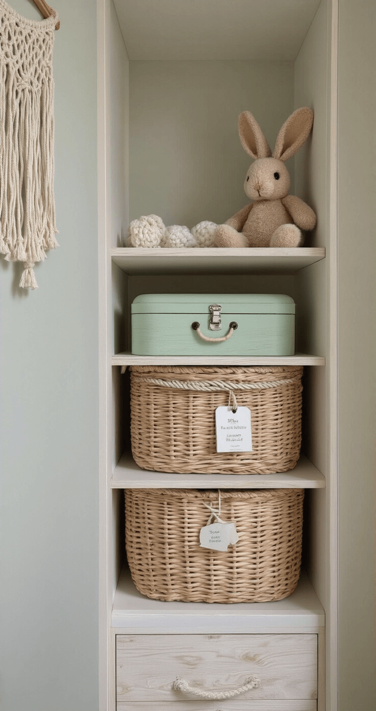Close-up van praktische opbergruimte in een babykamer met gestapelde white-wash houten wandplanken, gevlochten manden, labelkaartjes, een vintage konijnenknuffel en een mintgroene muziekdoos. Macramé wandhanger voegt textuur toe, zachte natuurlijke belichting van links.