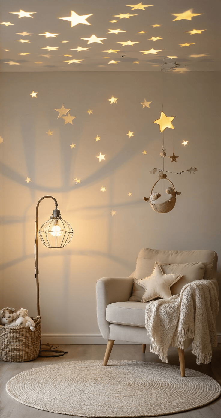 Sfeervol avondbeeld van een babyhoek met dimbare LED-sterrenprojectie op het plafond, een vintage metalen lamp, een crèmekleurige fauteuil, een handgemaakte mobile met vilten sterren en maan, en muurstickers van wolkjes, gefotografeerd met een lage camerapositie en lange sluitertijd.