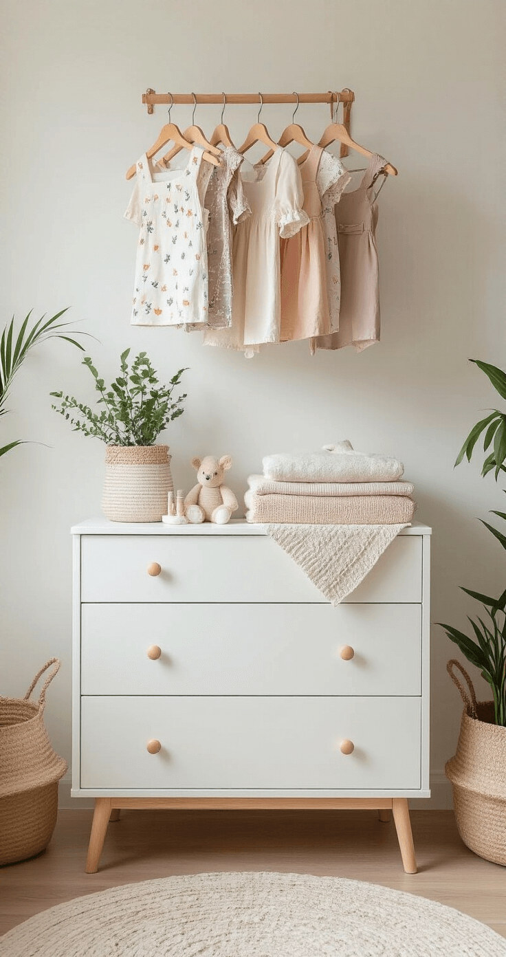 Functionele verschoonhoek met wit commode en bamboe details, geometrische kapstok met pastelkleurige babykleertjes, organische opbergmanden van Done by Deer, kleine plantjes in macramé hangers en een gepersonaliseerde groeimeter in Scandinavische stijl, verlicht door zacht morgenlicht.