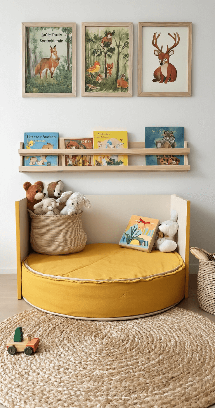 Detail van een speelhoek met een mosterdgeel boxkleed, Little Dutch houten blokken, prentenboeken op kindhoogte, bosdierenposters in zwarte lijsten, een geweven mand met knuffels en een houten activiteitenboog, vastgelegd met macro-lens voor textuurdetails en natuurlijk strijklicht.