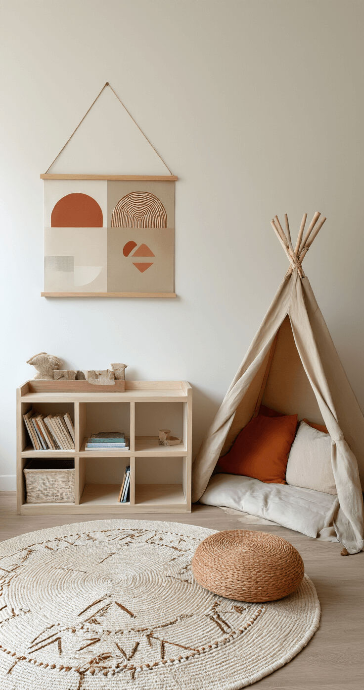 Minimalistische speelhoek met een lage boekenkast, tipi-tent van linnen, handgemaakt vloerkleed met geometrisch patroon, en een Scandinavische kinderstoel. Wanddecoratie met abstracte patronen in terracotta en sage tinten, gefotografeerd met groothoeklens.