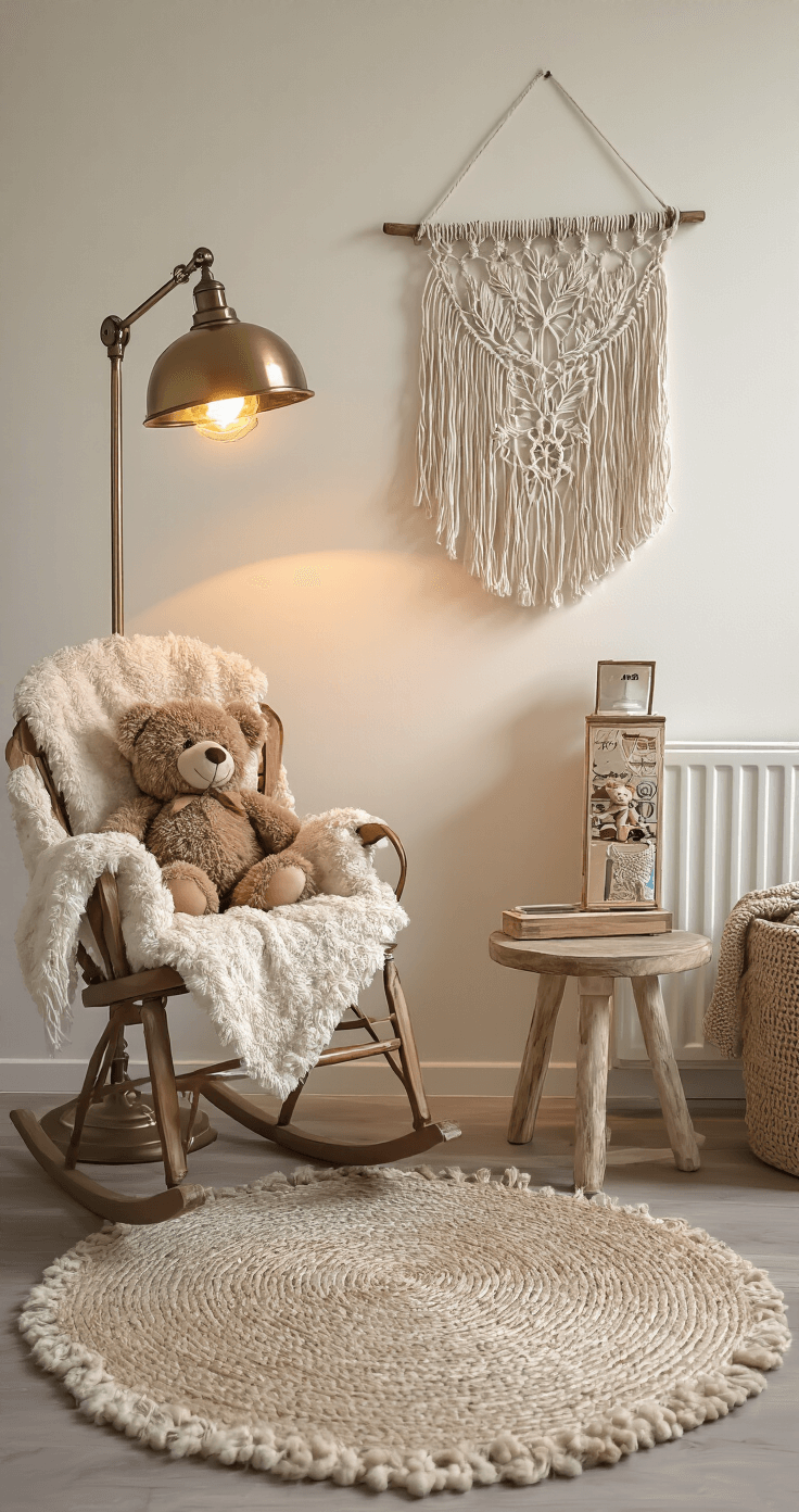 Intieme voedingshoek met klassieke schommelstoel van teddy stof, messing vloerlamp met warm licht, ronde bijzettafel met muziekdoosje en babymonitor, macramé wanddecoratie en een vintage krukje.