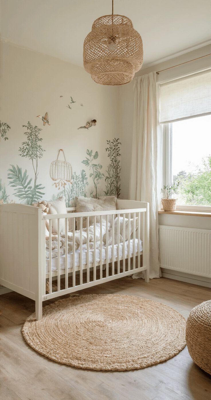 Een serene vierkante babykamer met een wit houten ledikant, lichtgrijze commode en ronde juten vloerkleed, verlicht door warm ochtendlicht dat door grote linnen gordijnen valt. Subtiele jungle motieven sieren de roomwitte muren en een rotan schommelstoel met crèmekleurig kussen staat bij het raam.