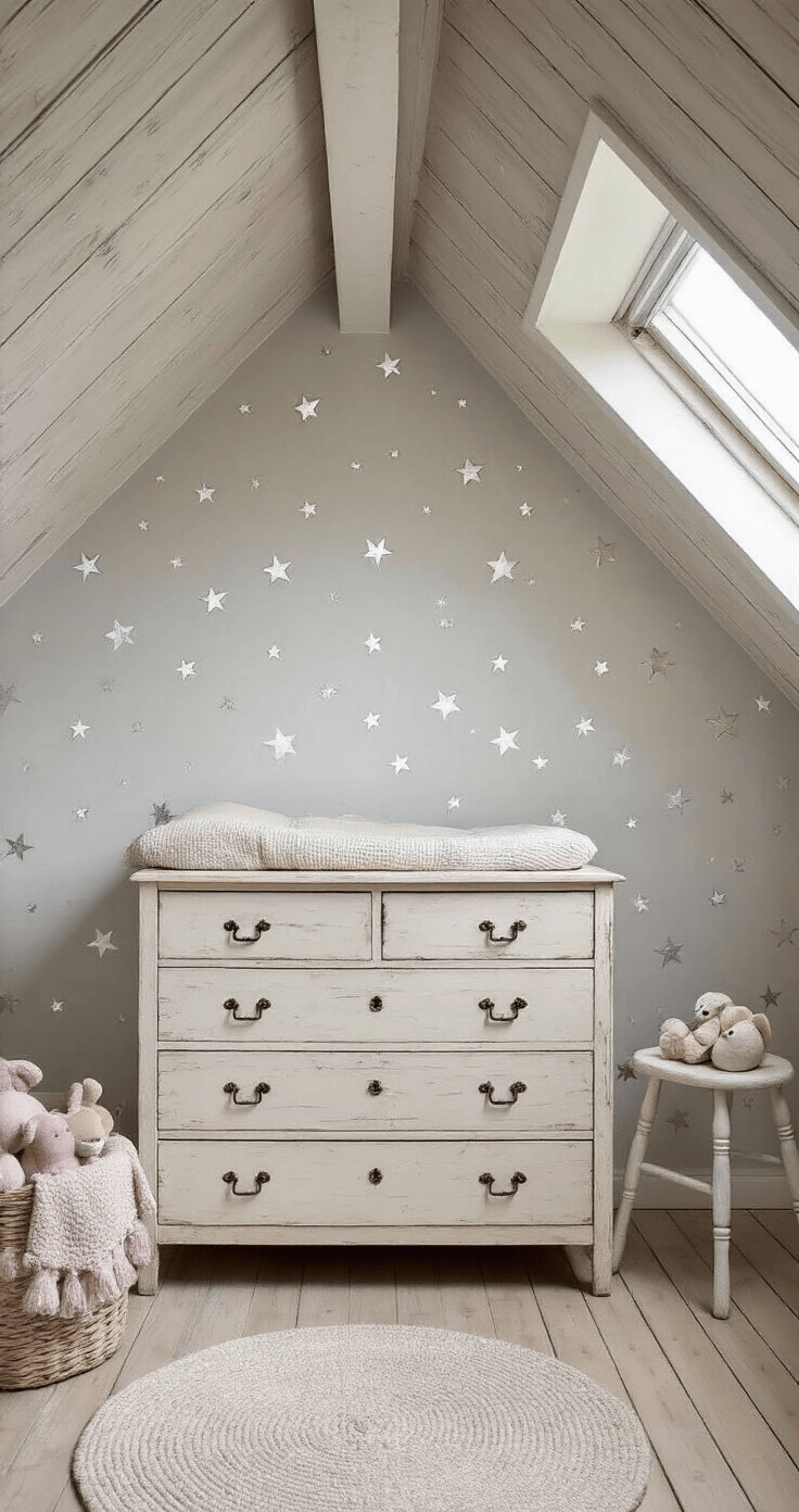Zicht op een rechthoekige kinderkamer tijdens het gouden uurtje, met een schuine wand bedekt met een sterrenpatroon in zilvergrijs op een parelwitte achtergrond. Centraal staat een vintage houten commode onder een dakraam, en naast het raam staat een poederroze voedingsstoel. De naturel houten vloer wordt bedekt door een zacht hoogpolig kleed in gebroken wit, met dramatisch strijklicht dat de nostalgische en dromerige sfeer benadrukt.
