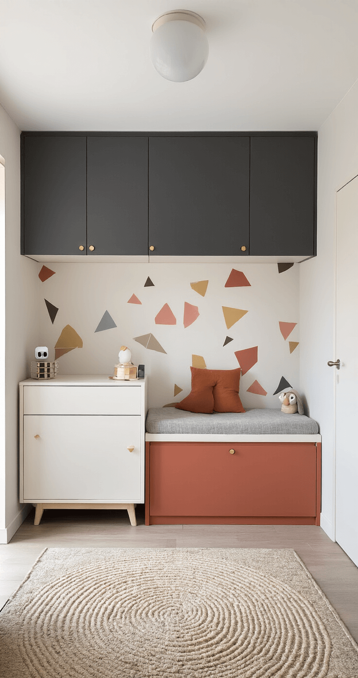 Compacte babykamer van 3x3 meter met slimme wandopberging in matzwart en gouden accenten, wit ledikant tegen terracotta accentmuur, multifunctionele commode met lichtgrijs aankleedkussen, en geometrisch behang in pasteltinten; gefotografeerd vanuit een breed perspectief.