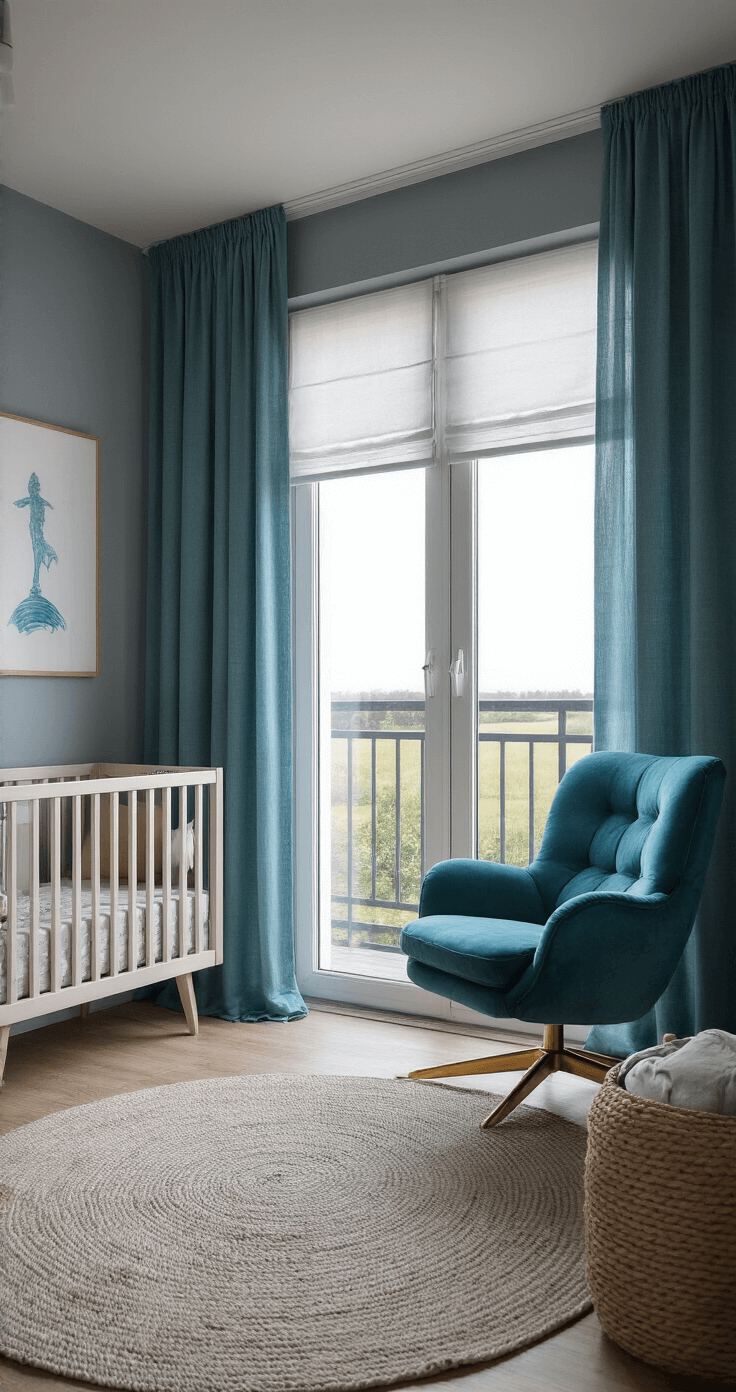 Ruime hoekbabykamer in schemerlicht met panoramaraam en oceaanthema, transparante aquablauwe gordijnen, maatwerk inbouwkasten in zachtgrijs, XL-voedingsfauteuil in petrolblauw velours met messing details, en een handgeknoopt wollen kleed met golfpatroon.