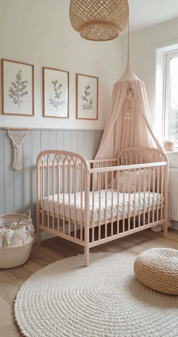 L-vormige babykamer met houten lambrisering in zachtgrijs, vintage poederroze ledikant met linnen hemel, botanische prints in gouden lijsten aan krijtwitte muren, rotan speelhoek met macramé wandhanger, gefotografeerd vanuit de entree in ochtendlicht voor een bohemian en speelse sfeer.