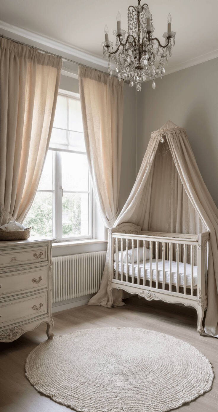 Zolderbabykamer in middaglicht met dakkapel, klassieke panelenwanden in zachtgrijs, Franse brocante commode met vergulde details, zijden gordijnen in champagne met roze ondertoon, en kristallen kroonluchter boven antiek wiegje, gefotografeerd vanuit centraal perspectief.