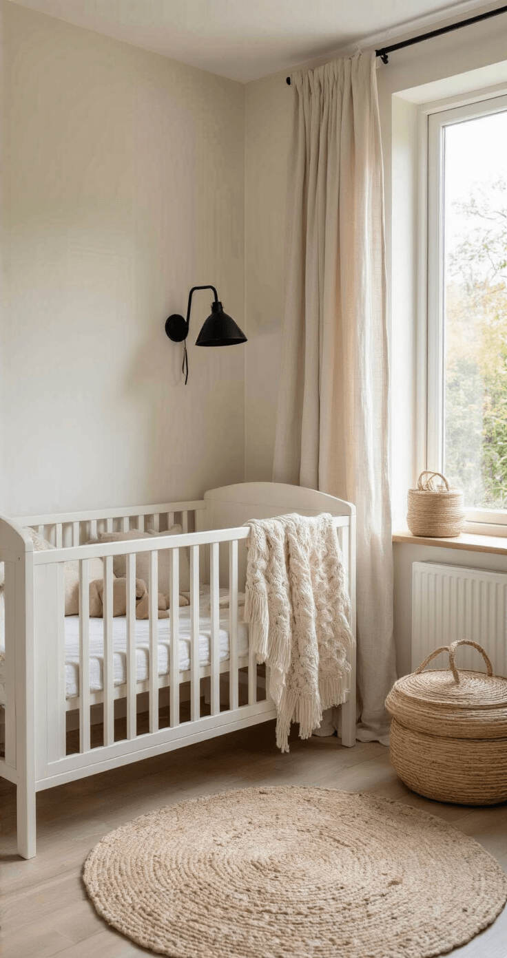 Een luchtige babykamer met een minimalistisch wit ledikant, crèmekleurige schommelstoel en warmwitte muren, verlicht door zacht ochtendlicht dat door linnen gordijnen valt. Rotan manden en een groot beige vloerkleed zorgen voor extra diepte.