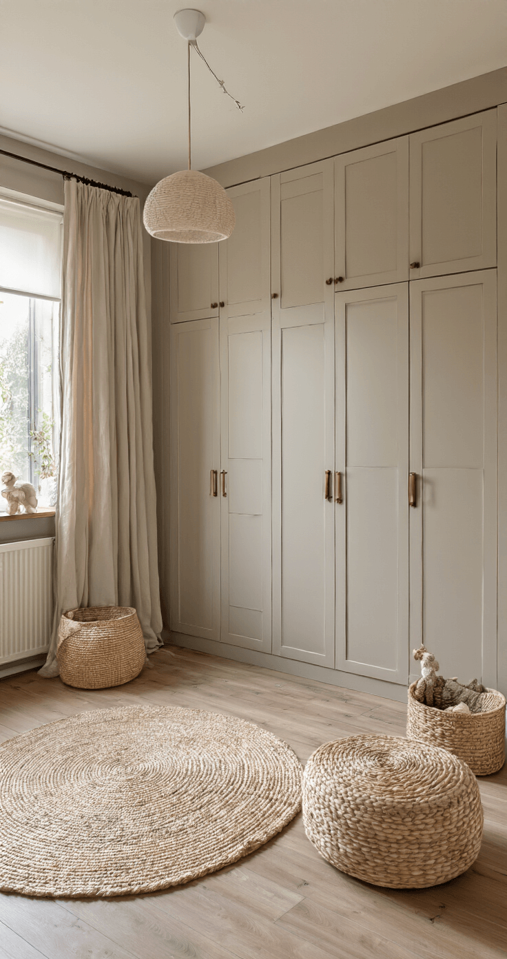 Intieme babykamer met warme ledverlichting, een moderne lichtgrijze opbergkast, zandkleurig linnen gordijn, houten wandplanken met decoraties en een rond handgeweven vloerkleed in beige en crème tinten.