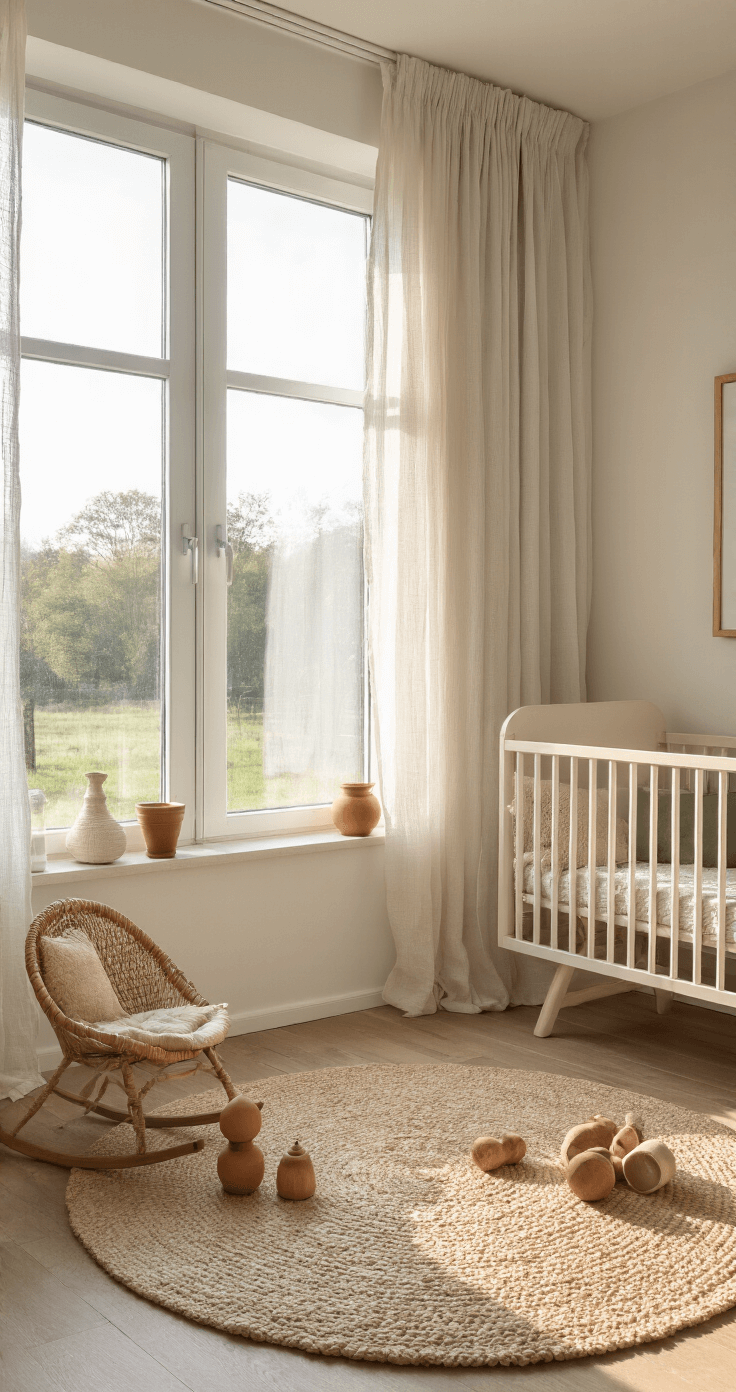 Ochtendopname van een L-vormige babykamer met schuine wand, groothoekperspectief, waarin een wit ledikant en vintage rotan schommelstoel zijn te zien. Natuurlijk licht valt door grote ramen met sheer gordijnen, en aardse accessoires zoals terracotta potten en houten speelgoed voegen warmte toe aan het geheel. Een handgeknoopt beige vloerkleed met subtiel patroon ligt op de lichte houten vloer.