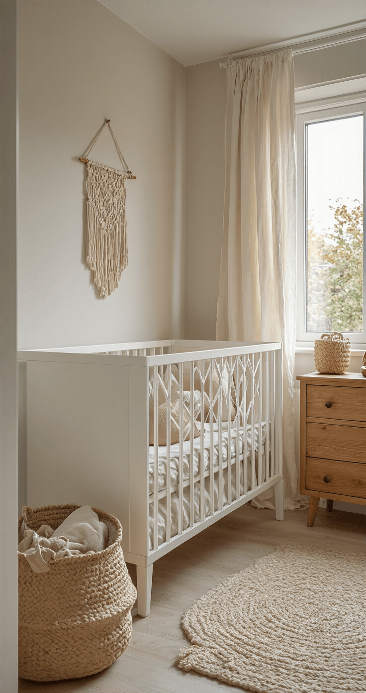 Close-up van een compacte babykamer met een wit ledikant en vintage houten commode, zachte textielen in crème en beige, macramé wanddecoratie en een warme gloed van het gouden uur.