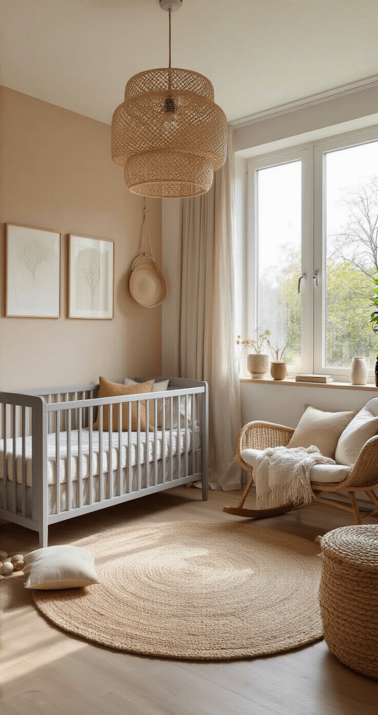 Panoramisch beeld van een ruime babykamer met modern grijs ledikant, schommelstoel, en warme beige feature wall, belicht door diffuus daglicht.