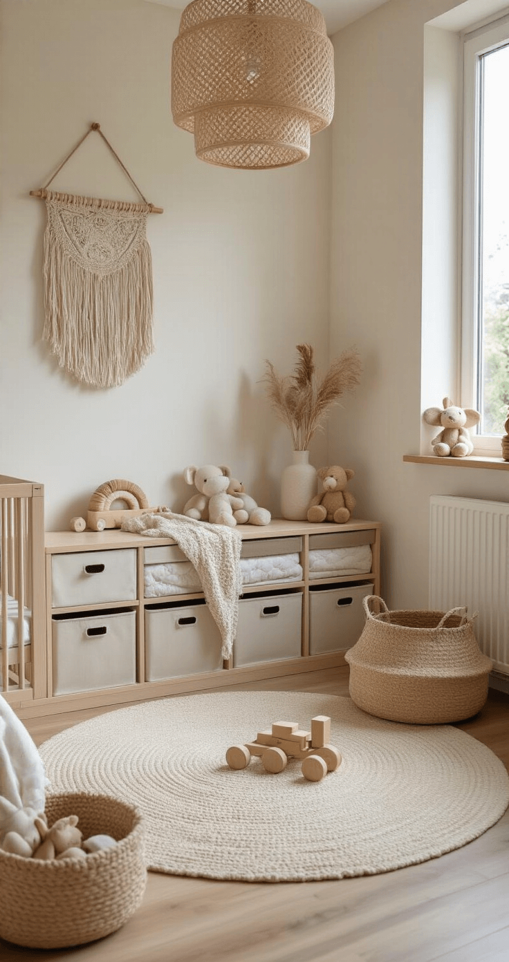 Detailopname van een babykamer-speelhoek met een crèmekleurig vloerkleed, neutrale houten speelgoedblokken, lichtgrijze opbergboxen met lederen handgrepen, een macramé wandhanger, en zachte textielen in beige en okertinten.