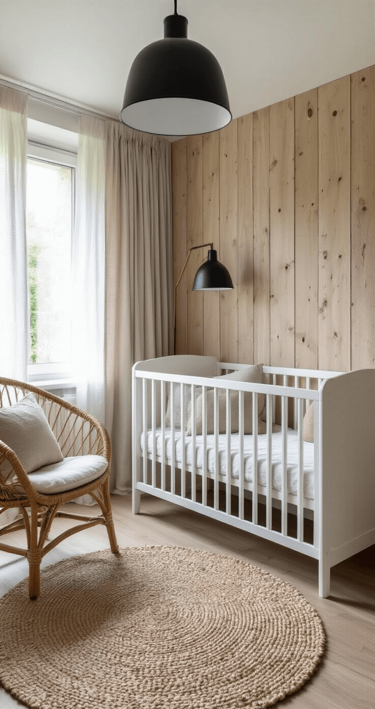 Een sfeervolle babykamer met modern wit ledikant en vintage rotan stoel, verlicht door een grote zwarte wandlamp, met handgeweven loper en neutrale decoratie.
