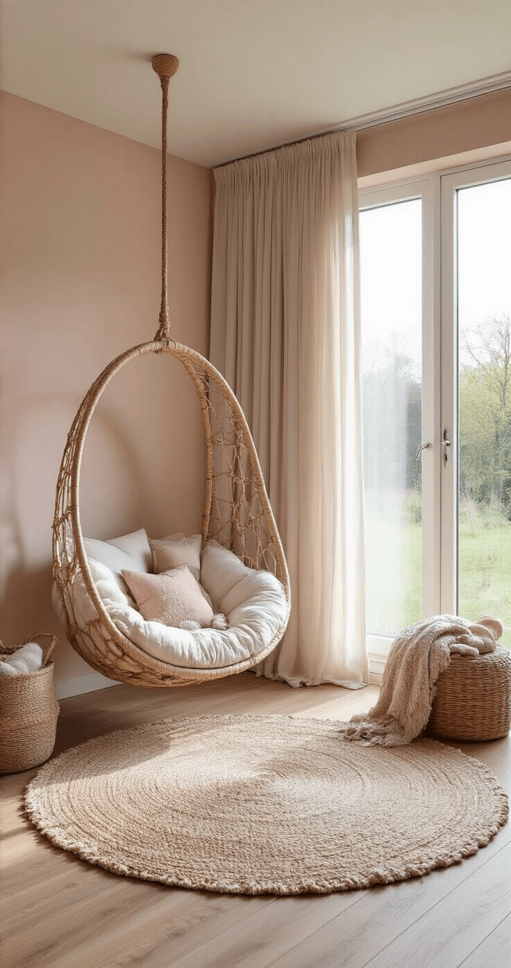 Rustgevende babykamer met hoge plafonds en grote schommelstoel bij panoramaraam, gevuld met zacht ochtendlicht. Crèmekleurige bouclé schommelstoel staat diagonaal in de hoek op een naturel eiken vloer, omringd door zachtroze muren. Een handgeweven wollen kleed in beige tinten ligt op de vloer en een rieten mand met zachte plaids staat naast de stoel. Een macramé wandhanger siert de muur boven de stoel.
