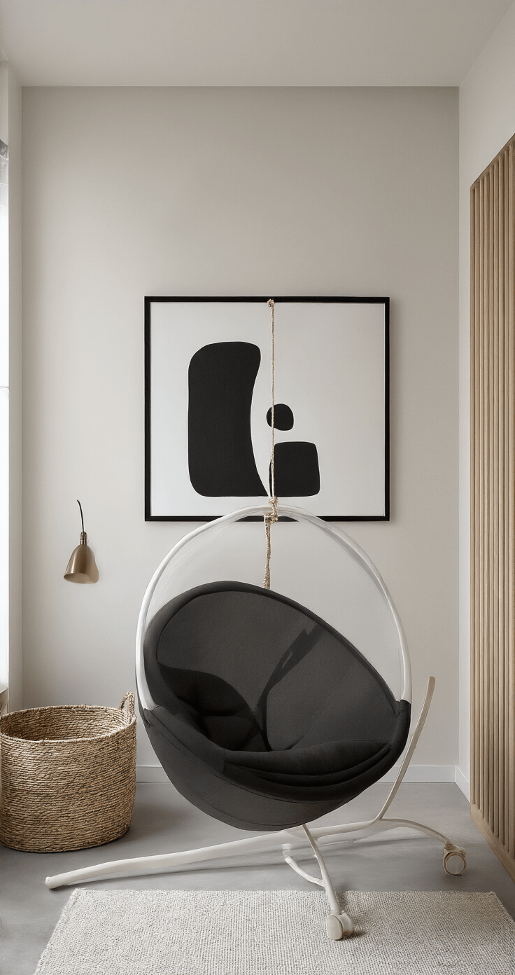 Minimalistische moderne babykamer met designschommelstoel, industrieel raam, geometrische schaduwen, matzwarte Vitra schommelstoel, warmwitte muren, abstracte zwart-wit kunst, betonlook vloer en hoogpolig wit vloerkleed, elegante messing vloerlamp. Laag standpunt voor dramatisch perspectief.