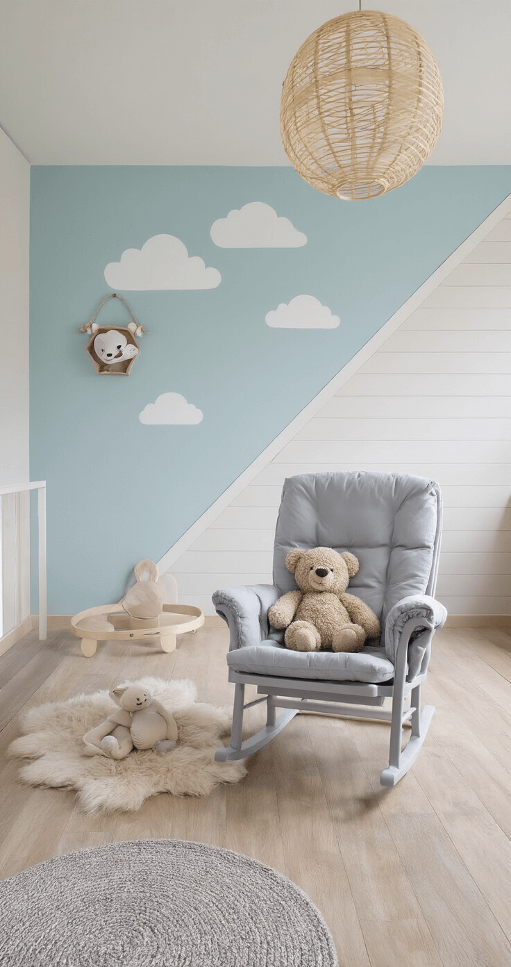 Luchtige Scandinavische babykamer met lichtgrijze KidsDepot schommelstoel, softblauwe accentmuur en wolkenbehang, visgraat eiken vloer en schapenvacht als kleed, met diffus daglicht van een Velux raam.