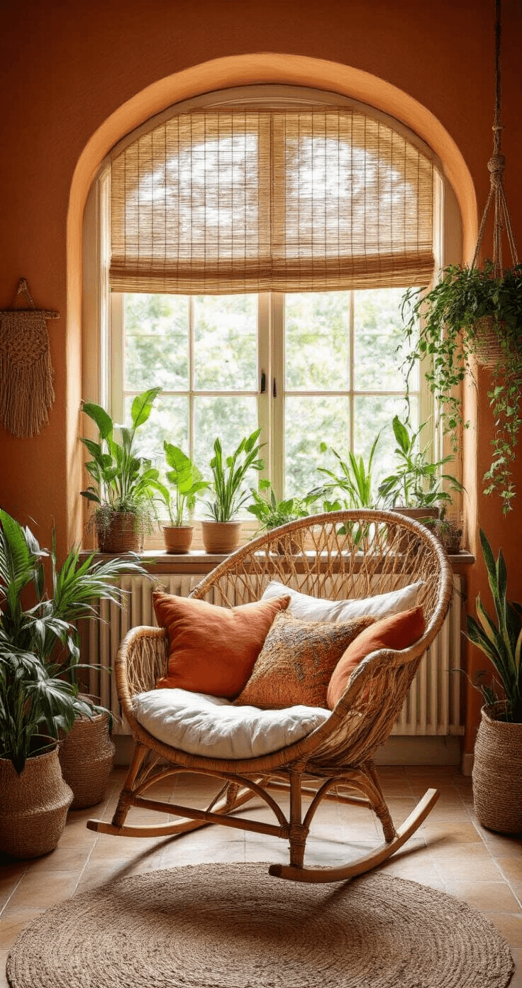 Bohemian babykamer met rotan schommelstoel, terracotta muur, handgeweven wandtapijt, juten vloerkleed, veel groene planten en gouden namiddagzon die door bamboe jaloezie filtert, gezien vanuit deuropening.