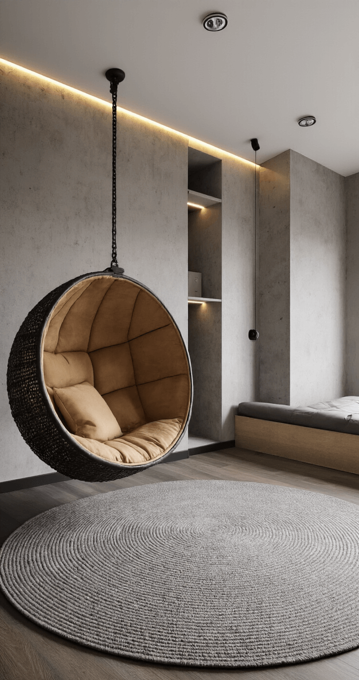 Moderne babykamer met een cognackleurige leren schommelstoel op zwart frame, betonlook behang, zwevende planken en een groot rond tapijt in grijstinten; verlicht met indirect LED-licht langs het plafond en zwarte railspots, vastgelegd vanuit een dynamisch diagonaal perspectief.