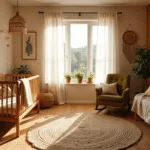 Cinematische brede opname van een zonovergoten bohemian kinderkamer met vintage rieten wieg, macramé canopy en een handgeweven jute vloerkleed. Warme aardetinten, terracotta accentmuur, en een galerijwand met botanische prints.