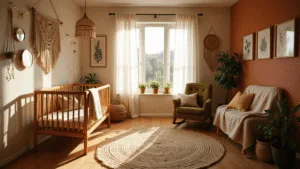 Cinematische brede opname van een zonovergoten bohemian kinderkamer met vintage rieten wieg, macramé canopy en een handgeweven jute vloerkleed. Warme aardetinten, terracotta accentmuur, en een galerijwand met botanische prints.