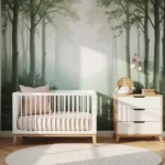 Moderne kinderkamer met betoverende bosmuurschildering in zachte aquareltechniek, muted sagegroene en stofroze kleurenpalet, natuurlijke eikenhouten vloer, witte houten wieg met blush beddengoed, gouden uur zonlicht door sheer linnen gordijnen, copper details houten commode, minimalistische mobiel, etherische sfeer, hyperrealistische stijl, 8K resolutie, lichte ochtendnevel effect.