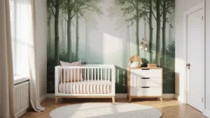 Moderne kinderkamer met betoverende bosmuurschildering in zachte aquareltechniek, muted sagegroene en stofroze kleurenpalet, natuurlijke eikenhouten vloer, witte houten wieg met blush beddengoed, gouden uur zonlicht door sheer linnen gordijnen, copper details houten commode, minimalistische mobiel, etherische sfeer, hyperrealistische stijl, 8K resolutie, lichte ochtendnevel effect.
