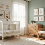 Een serene kinderkamer met een vintage wieg, bedekt met een schattige mobiele van vilt dieren, pastel dierenprints in gouden lijsten, een saliegroene accentmuur met handgeschilderde wolken, natuurlijke houten meubels, en een rieten schommelstoel, allemaal verlicht door zacht ochtendlicht.