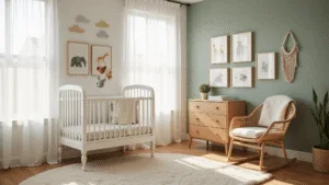 Een serene kinderkamer met een vintage wieg, bedekt met een schattige mobiele van vilt dieren, pastel dierenprints in gouden lijsten, een saliegroene accentmuur met handgeschilderde wolken, natuurlijke houten meubels, en een rieten schommelstoel, allemaal verlicht door zacht ochtendlicht.
