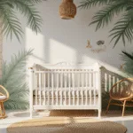 Modern kinderkamer met handgeschilderde junglemuur in zachte groentinten en blushroze, traditionele witte wieg met messing details, rieten accenten en macramé wandversieringen, verlicht door gouden uurlicht.