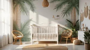 Modern kinderkamer met handgeschilderde junglemuur in zachte groentinten en blushroze, traditionele witte wieg met messing details, rieten accenten en macramé wandversieringen, verlicht door gouden uurlicht.