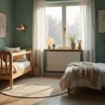 Cinematische afbeelding van een serene nursery met mintgroene muren, een houten wieg in het midden, een konijnvormige nachtlamp die warm amber licht verspreidt, en een grote raampartij met witte voiles. Decoratieve elementen zijn onder andere gebreide katoenen dekens, fluwelen kussens, en een vintage Perzisch tapijt in crèmige en rozenkleurige tinten.