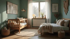 Cinematische afbeelding van een serene nursery met mintgroene muren, een houten wieg in het midden, een konijnvormige nachtlamp die warm amber licht verspreidt, en een grote raampartij met witte voiles. Decoratieve elementen zijn onder andere gebreide katoenen dekens, fluwelen kussens, en een vintage Perzisch tapijt in crèmige en rozenkleurige tinten.