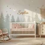Fotorealistische afbeelding van een serene Scandinavische kinderkamer tijdens het gouden uur, met een witte houten wieg, blush roze en mint beddengoed, vintage crème commode met de naam 'SOPHIE', en een rieten schommelstoel. Decoraties omvatten dromerige wandstickers van een bos, macramé wandhangers, en een sterrenprojector op het plafond. De kamer heeft witte muren en een licht eikenhouten vloer, verlicht door warm avondlicht dat lange schaduwen werpt.