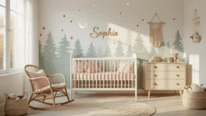Fotorealistische afbeelding van een serene Scandinavische kinderkamer tijdens het gouden uur, met een witte houten wieg, blush roze en mint beddengoed, vintage crème commode met de naam 'SOPHIE', en een rieten schommelstoel. Decoraties omvatten dromerige wandstickers van een bos, macramé wandhangers, en een sterrenprojector op het plafond. De kamer heeft witte muren en een licht eikenhouten vloer, verlicht door warm avondlicht dat lange schaduwen werpt.