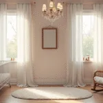 Ultrarealistisch interieur van een dromerige meisjeskinderkamer met vintage details, zachte ochtendzon, een witte ijzeren wieg, een antieke kroonluchter, en een rieten schommelstoel, in een zachte pastelkleurenpalet.