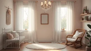 Ultrarealistisch interieur van een dromerige meisjeskinderkamer met vintage details, zachte ochtendzon, een witte ijzeren wieg, een antieke kroonluchter, en een rieten schommelstoel, in een zachte pastelkleurenpalet.