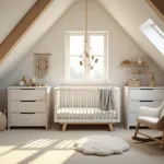 Een serene zolderkinderkamer in Scandinavische stijl met een witte houten wieg, een asymmetrische linnen canopy, en gouden ochtendlicht dat door grote Velux-ramen stroomt. Naturale materialen en een warm kleurenpalet met wit, crèmekleurig en zachtgrijs, zorgen voor een gezellige sfeer.