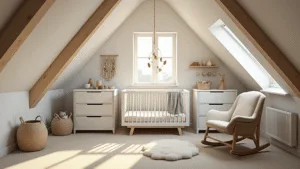 Een serene zolderkinderkamer in Scandinavische stijl met een witte houten wieg, een asymmetrische linnen canopy, en gouden ochtendlicht dat door grote Velux-ramen stroomt. Naturale materialen en een warm kleurenpalet met wit, crèmekleurig en zachtgrijs, zorgen voor een gezellige sfeer.