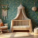Een serene babykamer van 4x4 meter met natuurlijk ochtendlicht dat door grote ramen stroomt, een muur met botanisch junglebehang in rijke smaragdgroene en saliegroene tonen, een houten wieg met zandkleurig linnen canopy, een vintage rotan schommelstoel met terracotta kussen, een macramé wandkleed met verse eucalyptus, een ronde jute vloerkleed, een handgemaakt mobiel met houten elementen, een rotanmand met zachte gebreide dekens, en een grote monstera deliciosa in een terracotta pot, met een warme gouden gloed en een ondiepe scherptediepte.